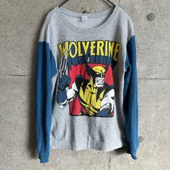 【USED】US 古着 MARVEL ウルヴァリン スウェット 古着 グレー×ブルー プリント トレーナー XL表記 ジュニアサイズ相当 キャラ古着 アメコミ クルーネック トップス マーベルのサムネイル
