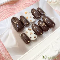 【現品】ネイルチップ　ブラウン　ゴールド　リボン　ハート