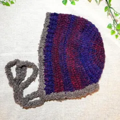 AW-28 秋冬用 ハンドメイド ボンネット 耳当て付き帽子 バラクラバ 赤紫グラデーションX茶