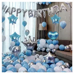 【在庫セール】誕生日飾り付け バースデーバルーン happy birthday 誕生日風船 バースデー 飾り 多種な色や形のあるバルーンセット (ブルー×シルバー)