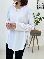 Uネック 春新商品 無地 オーバーサイズ 長袖Tシャツ ラウンド レイヤード 基本 インナー オーバーサイズ カットソー