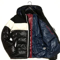 TOMMY HILFIGER トミーヒルフィガー ダウンジャケット 中綿 エコレザー バイカラー ストライプ ブラック ホワイト Lサイズ