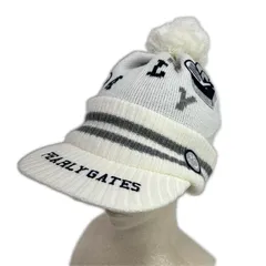 中古 パーリーゲイツ PEARLY GATES つば付ニット帽 フリー ホワイト カレッジワッペン ボンボン付き