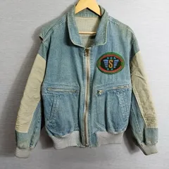 EDWIN エドウィン SOMETHING サムシング デニム ブルゾン ボンバー ジャケット フライト ワッペン ジップアップ ヘリンボーン ナイロン切り替え バックプリント 80s 90s 古着 ヴィンテージ メンズ サイズ M インディゴ系  A360