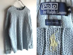 希少 90sビンテージ Polo by Ralph Lauren ラルフローレン ロゴ刺繍 コットンニット ケーブルニット セーター M グレーライトブルー 正規品