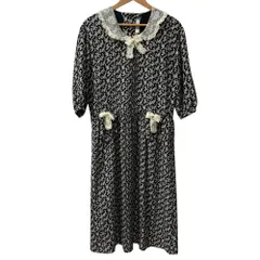 良品 INGEBORG インゲボルグ フラワープリント レースカラー ワンピース ブラック レディース 古着 中古 USED