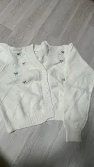 アイボリー ケーブル編み 刺繍カーディガン abry