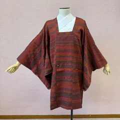道行　着物　羽織　横縞　朱色　赤　和装コート　リサイクル着物　c-918
