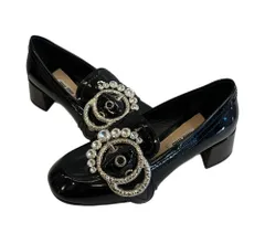 ミュウミュウ miu miu ビジューバックル パテントレザーローファー ヒール エナメル レディース靴 パンプス ブラック 34 1/2(参考サイズ約21.5cm) 101sh-2445