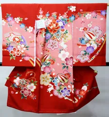 お宮参り 産着 のしめ 女児 女の子 正絹 羽二重 金駒刺繍 赤色 牡丹 祝着 一つ身 掛け着 熨斗目 NO42819-2