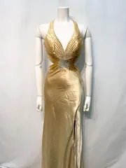 2133 IRMA イルマ　キャバクラ　ロングドレス　サテン　ホルターネック　バックオープン　ストーン　ビーズ　スパンコール　スリット　イベント　キャバドレス　M