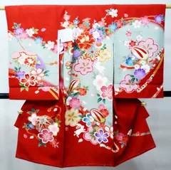 お宮参り 産着 のしめ 女児 女の子 正絹 羽二重 赤色 金駒刺繍 牡丹 祝着 一つ身 掛け着 熨斗目 NO42820-2