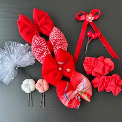 A07  七五三 髪飾り ヘッドドレス リボン 着物リメイク 撮影 赤 朱色 梅