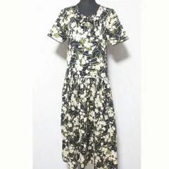 美品 INGEBORG インゲボルグ フラワープリント リボン ワンピース ブラック レディース 古着 中古 USED