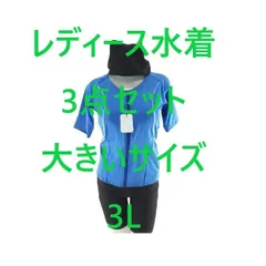 レディース水着3点セット フィットネス 半袖 キャップ付き 補正 パワーネット 体型カバー 大きいサイズ 3L ブルー系