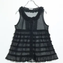 【美品】ピンクハウス★ドットチュールレース♪前開きベスト 黒系 段々フリル&リボン♪薄手 z17231