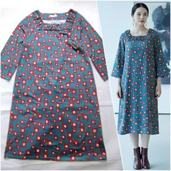 【エメラルドの宝石箱】 machiko jinto ワンピース レディース LL ブルー レッド 総柄 幾何学 裏起毛 大きいサイズ 13号 マチコジント ロンドン