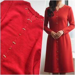 Spring/Autumn [Excellent Condition, American Heartbeat] STEVE FABRIKANT Vintage Retro Dress, Women's Size S, Red, Wool Blend, 1970s, Metal Beads, Made in USA, Women's Clothing, Steve Fabricant