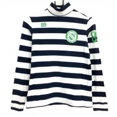 【美品】パーリーゲイツ 長袖ハイネックシャツ 白×ネイビー 太ボーダー ロゴグリーン  レディース 2(L) ゴルフウェア PEARLY GATES