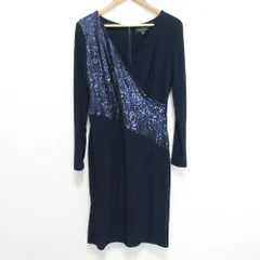 良品 LAUREN RALPH LAUREN ローレンラルフローレン カシュクール スパンコールドレス 長袖 ひざ丈 ワンピース サイズ8 ネイビー レディース 古着 中古 USED