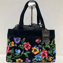 8681　良品　FEILER　フェイラー　ハンドバッグ　 ミニバッグ　花柄　パンジー　巾着型　 ブラック系　黒　シュニール織り　 タグ付き　レディース