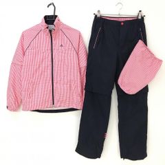 アディダス レインウェア(2WAYジャケット×パンツ) レッド×白 チェック 袖着脱可 収納袋付 レディース L ゴルフウェア adidas