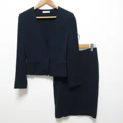 良品 EPOCA エポカ ストレッチ ノーカラージャケット ひざ丈 スカート スーツ セットアップ サイズ38 ネイビー レディース 古着 中古 USED