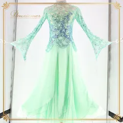 社交ダンス 衣装 スタンダードドレス ワンピース スタンダード 緑 エメラルドグリーン レース デモ 競技 ダンス パーティ 発表会 綺麗 上品 落ち感 グリーン系 ブルー系 シンプル 明るい 優雅 おしゃれ パフォーマンス