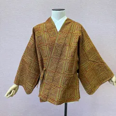 道中着　羽織　着物　ウール　オレンジ　黄色　リサイクル着物　リサイクル着物　c-923