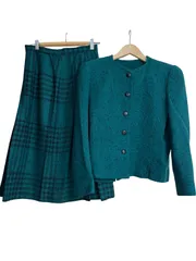 Z1729  jun ashida  ジュンアシダ　セットアップ　ノーカラージャケット&プリーツスカート　チェック柄　グリーン　レディース　サイズ11