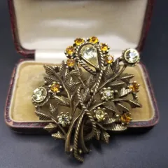 40'50's Coro オレンジ イエロー ラインストーン装飾 ヴィンテージ フローラル ブローチ レトロ 大ぶり エレガント 植物モチーフ R15-Q