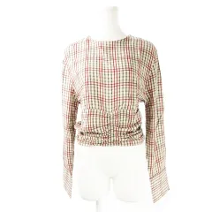 ザラ ZARA ブラウス クルーネック 長袖 ショート丈 シャーリング ギャザー ワンポイント 薄手 チェック M 赤 レッド /CK7