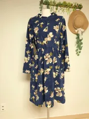新品 コーデュロイ 大きな花柄 ロング丈ワンピース 55 66 フラワーパターン ゴールデン ブルー