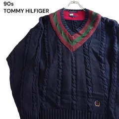 【90s】TOMMY HILFIGER トミーヒルフィガー オールドトミー チルデンニット コットン セーター ネイビー 刺繍 90年代