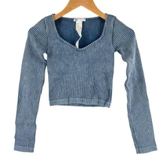 美品 ZARA ザラ ストライプ 春夏 SS 長袖シャツ ナイロン インディゴブルー レディース XS リブ編みクロップトップ【古着】【中古】【送料無料】
