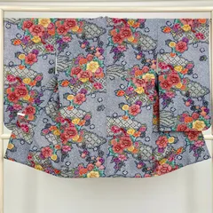 （中古）二尺袖 単品 ブルーグレー フォーマル 絞り風 四季花 袷 ポリエステル M L 2L