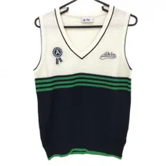 【超美品】アディダス ニットベスト 白×ネイビー×グリーン ウール混 Vネック ワッペン レディース L/G ゴルフウェア adidas