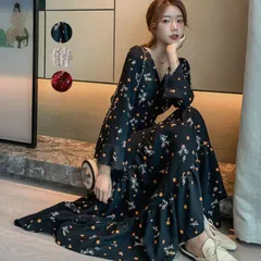 ティアードワンピース レディース 春 秋 夏 花柄 カシュクールワンピ Vネック フレアワンピース 長袖 ロングワンピ Aライン ハイウエスト きれいめ おしゃれ 韓国ファッション 新作42717
