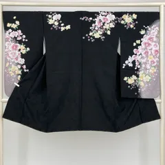 （中古）二尺袖 単品 黒色 フォーマル 花 胡蝶蘭 袷 ポリエステル M L 2L