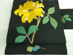 平和屋着物●極上　アンティーク　大正ロマン　九寸名古屋帯　総手刺繍　枝花文　黒地　金糸　逸品　DZAB2867kh6