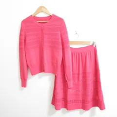 美品 PAULE KA ポールカ 透かし編み メッシュ ニット クルーネックカーディガン＋ひざ丈スカート セットアップ ピンク レディース 古着 中古 USED