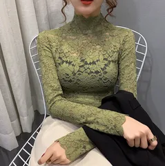 【グリーン】レディース レース トップス ハイネック 長袖 透け感 シースルー 重ね着 上品 インナー きれいめ 大人