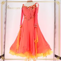 社交ダンス 衣装 スタンダードドレス 朱色 KAORI カオリ デモ 競技 ダンス パーティ 発表会 フリル レース 黄色 大きめ レッド系 オレンジ系 ダンス衣装 フォーマルドレス 舞台衣装 輝き おしゃれ 大人用 女性用 競技用