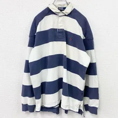 古着 used　90s　Polo by Ralph Lauren　ラルフローレン　ラガーシャツ　長袖ポロシャツ　ボーダー柄　ヴィンテージ　ホワイト　ネイビー　Lサイズ