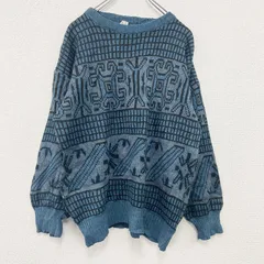 古着 used　アクリルニットセーター　総柄　青　ブルー　Lサイズ