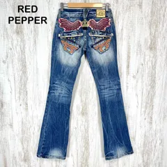 RED PEPPER レッドペッパー ウィング刺繍 スタッズ ワッペン ダメージ加工 ブーツカット フレアパンツ デニム ジーンズ ブルー レディース Y2K 平成ギャル