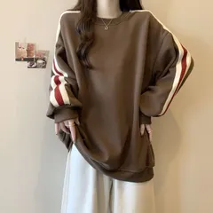 レディース 大きいサイズ スウェット トレーナー ブラック ブラウン ラウンドネック 長袖 ストライプ袖 ゆったり 体型カバー カジュアル 普段使い 秋 冬