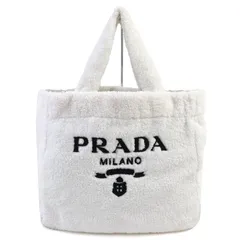 美品△PRADA プラダ 1BG130 SPUGNA スプーニャ ポリエステル 牛革 トライアングルロゴ ソフトテリー レタリング ロゴ パイル トートバッグ ホワイト ブラック 保存袋付き レディース