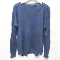 美品 POLO RALPH LAUREN ポロラルフローレン ロングスリーブ Vネック プルオーバー リネンニット カットソー セーター S ネイビー レディース 古着 中古 USED