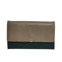 美品 Paul Smith ポールスミス レザー ロゴ 二つ折り 長財布 ロングウォレット ショルダーストラップ付き ブラック×グレージュ レディース 古着 中古 USED